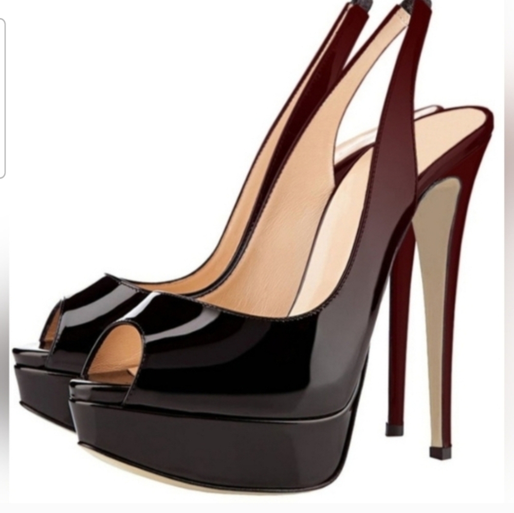 Loslandifen Black Patent 6" Heel Pleaser Ankle Strap Sandal Heels NWOT